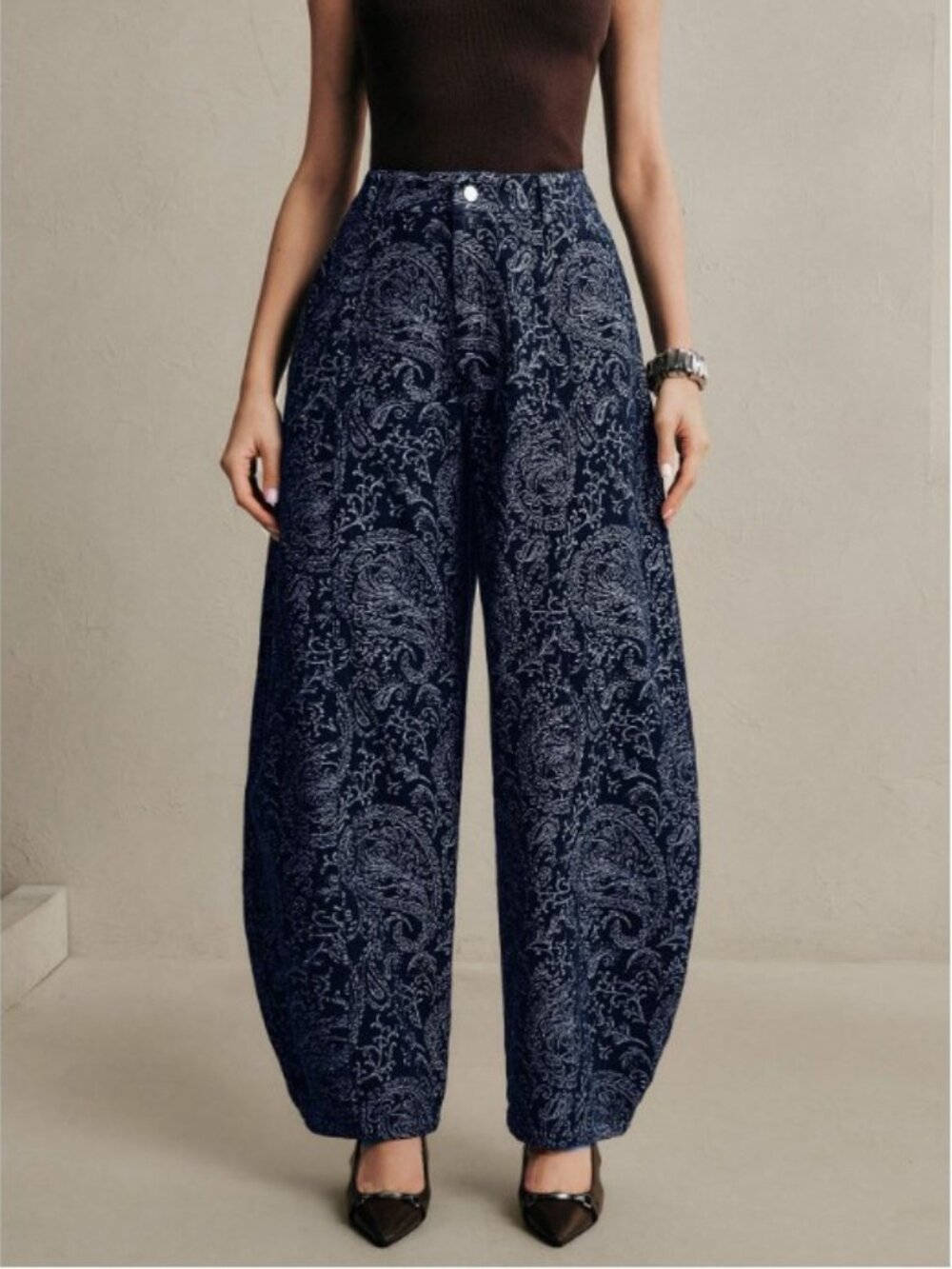 High-Rise Paisley Wide-Leg Trousers in Navy